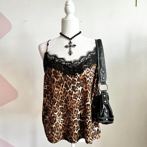 Leopard Lace Trim Top, Y2K Grunge Edgy Indie‎ Sleaze Retro XL - Picture 1 of 6